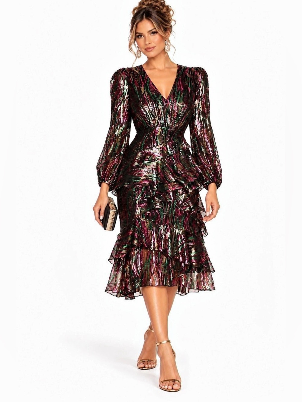 SALONI NWT Black Rainbow Metallic Silk Ayla Tiered Ruffle Midi Size 2